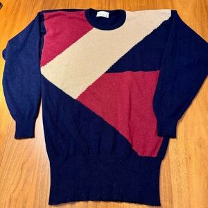 Vintage Aquascutum 100%Lambswool Fine Knit Ladies Sweater, Navy, Red, Cream